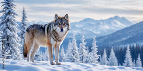 Majestic Wolf Standing in Snowy Mountain Landscape.