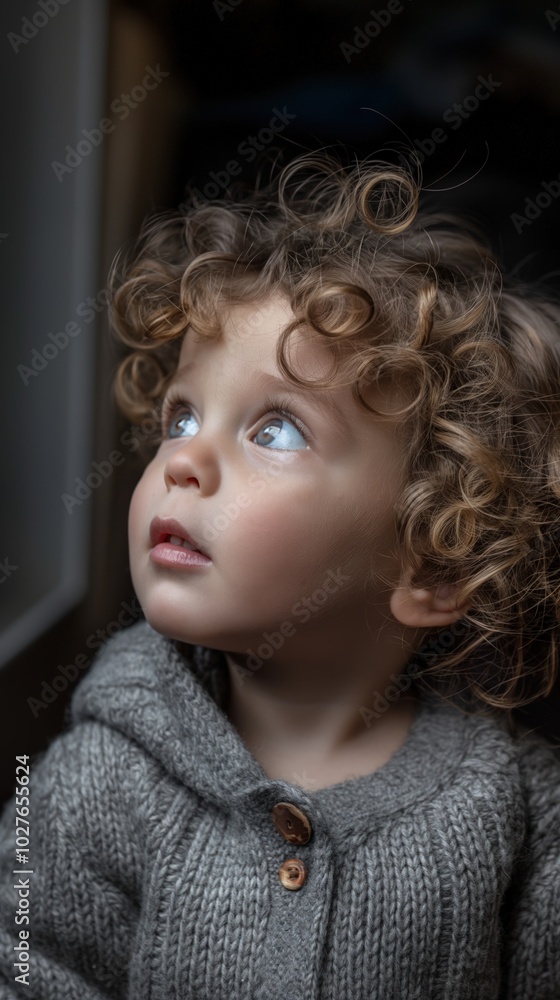 A young child with curly hair looks up in awe, immersed in a moment of discovery A young child with curly hair looks up in awe, immersed in a moment of discovery
