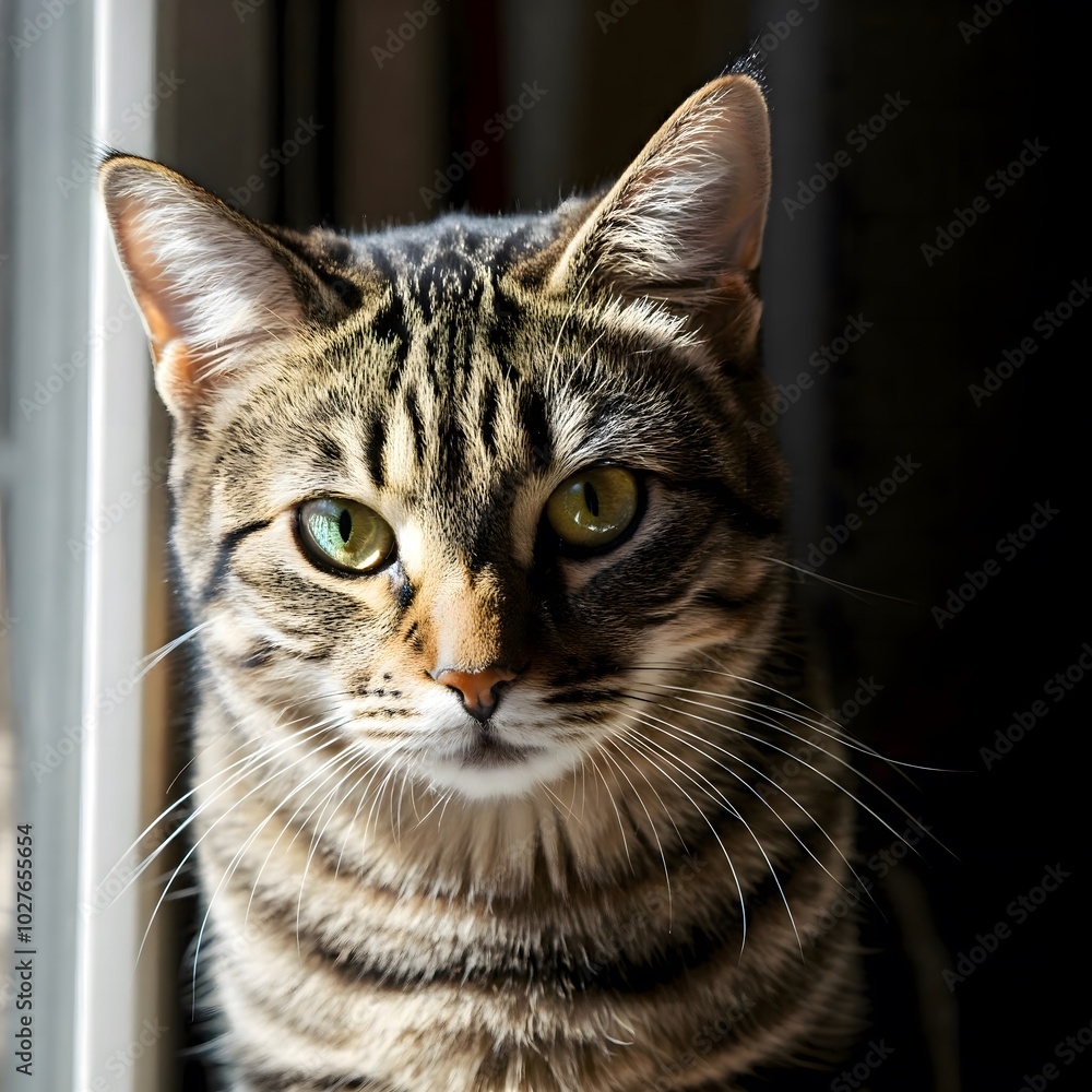 Charming Tabby Cat in Sunlight by the Window Charming Tabby Cat in Sunlight by the Window