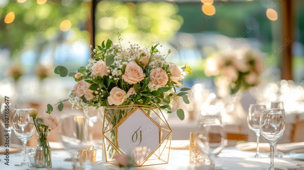 A table setting with a geometric vase filled with pink roses, greenery, and a white card A table setting with a geometric vase filled with pink roses, greenery, and a white card