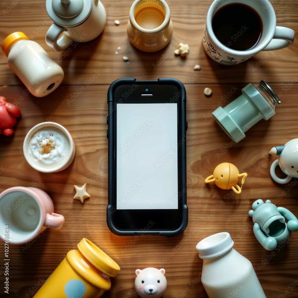 Baby accessories and smartphone. Flat lay of a smartphone with blank screen surrounded by baby toys, bottles, food, and a coffee cup on a wooden table.