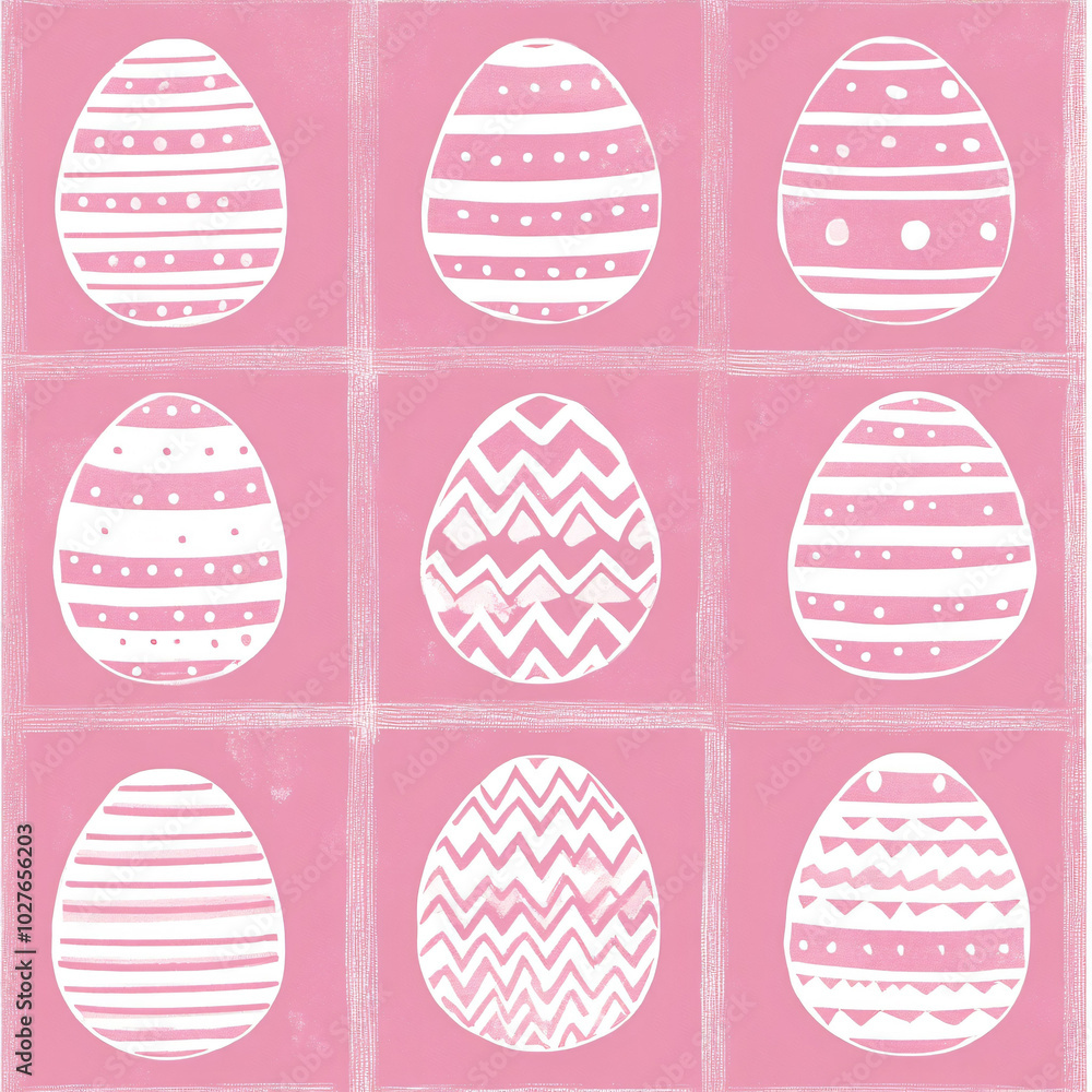 Colorful Easter eggs with various patterns are arranged in grid on pink background, creating festive and cheerful atmosphere. This design is perfect for spring celebrations Colorful Easter eggs with various patterns are arranged in grid on pink background, creating festive and cheerful atmosphere. This design is perfect for spring celebrations