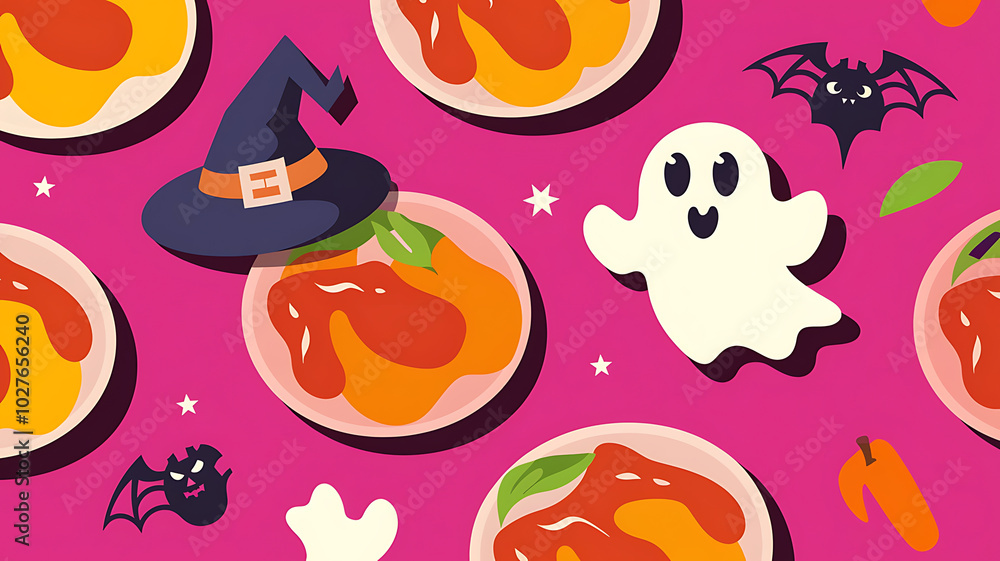 Orange and red Halloween themed food on pink background with ghost and witch hat.
Orange and red Halloween themed food on pink background with ghost and witch hat.