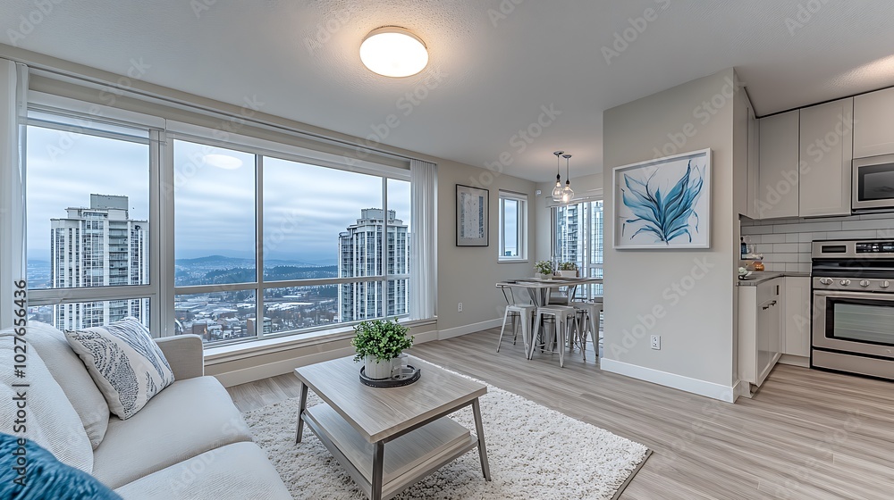 Fototapeta premium Modern living room with large windows overlooking city skyline and a kitchen with stainless steel appliances.