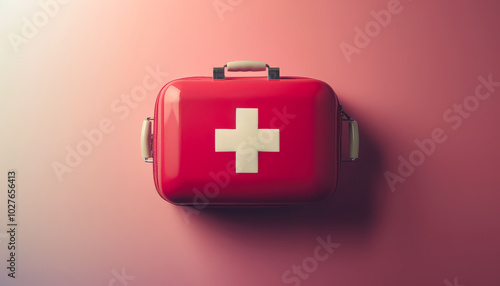 Red box with a white cross on it. The box is labeled as a first aid kit