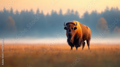 Portrait of a bison with strong facial features and textured fur, standing proudly in the wild