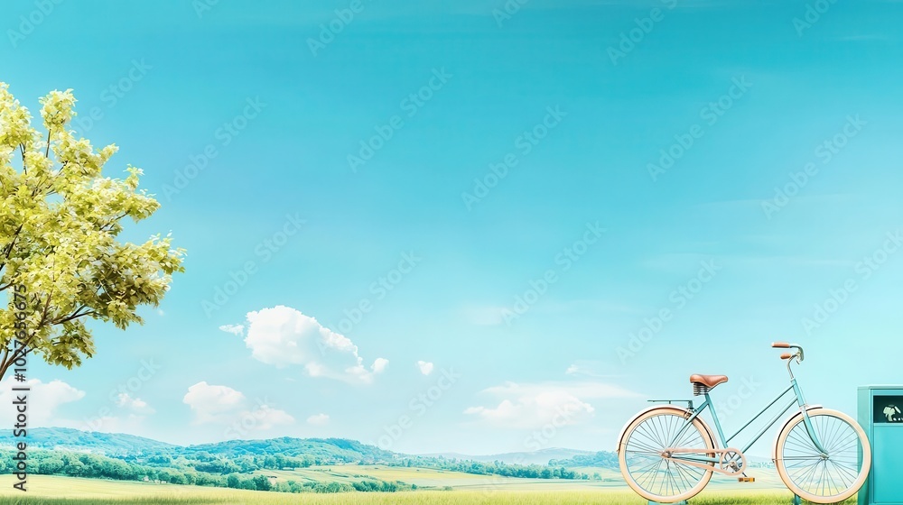 Fototapeta premium A serene countryside landscape with a vintage bicycle integrated into a recycling station, showcasing harmony between nature and sustainable living