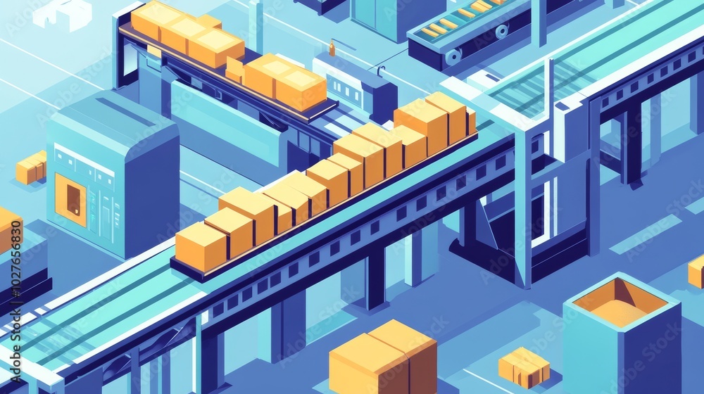 Automated Factory Production Line with Conveyor Belts and Boxes. Automated Factory Production Line with Conveyor Belts and Boxes.