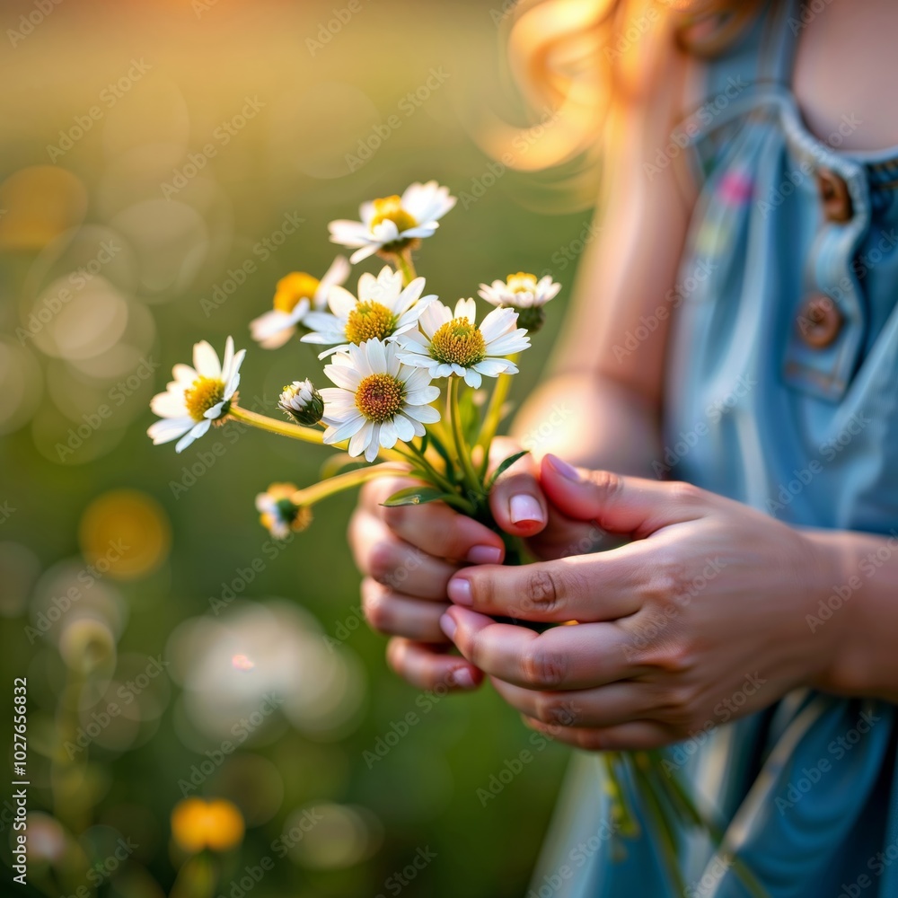 Daisy bouquet. Child's hands holding a freshly picked bouquet of white daisies against a soft-focus nature background. Daisy bouquet. Child's hands holding a freshly picked bouquet of white daisies against a soft-focus nature background.