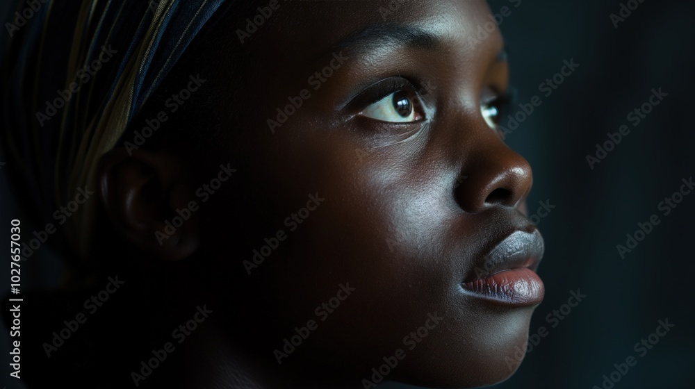 A thoughtful Black woman gazes upward, lost in reflection and contemplation A thoughtful Black woman gazes upward, lost in reflection and contemplation