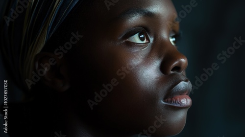 A thoughtful Black woman gazes upward, lost in reflection and contemplation