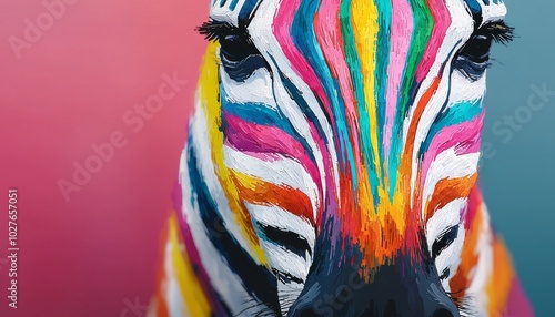 Colorful painted zebra against a vivid background, close-up detail.