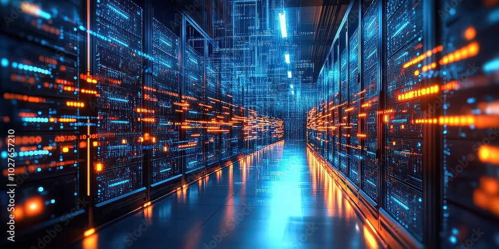 Vibrant data center corridor filled with glowing servers and blinking lights, representing the powerful infrastructure behind digital technologies and cloud computing. Vibrant data center corridor filled with glowing servers and blinking lights, representing the powerful infrastructure behind digital technologies and cloud computing.