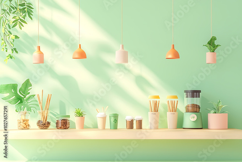 Eco-conscious zero waste coffee shop, using bamboo straws and reusable cups, 3D illustration