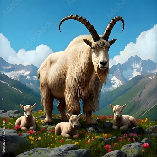 Majestic Goat Family in Vibrant Mountain Landscape photo