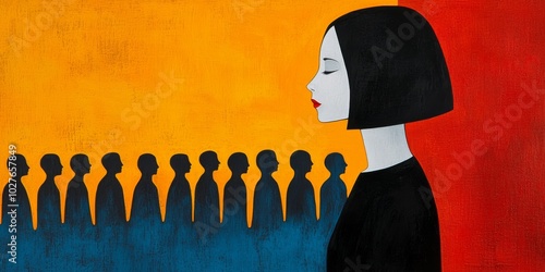 Contemplative woman against vibrant, abstract background with silhouettes.