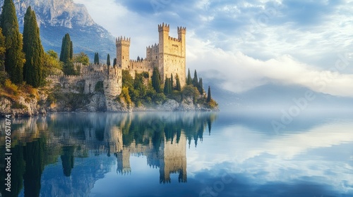 Scenic Reflection of Rocca Scaligera Castle in Lake