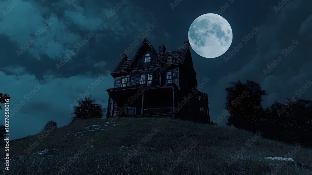 2. A haunted house on a hill under a full moon 2. A haunted house on a hill under a full moon