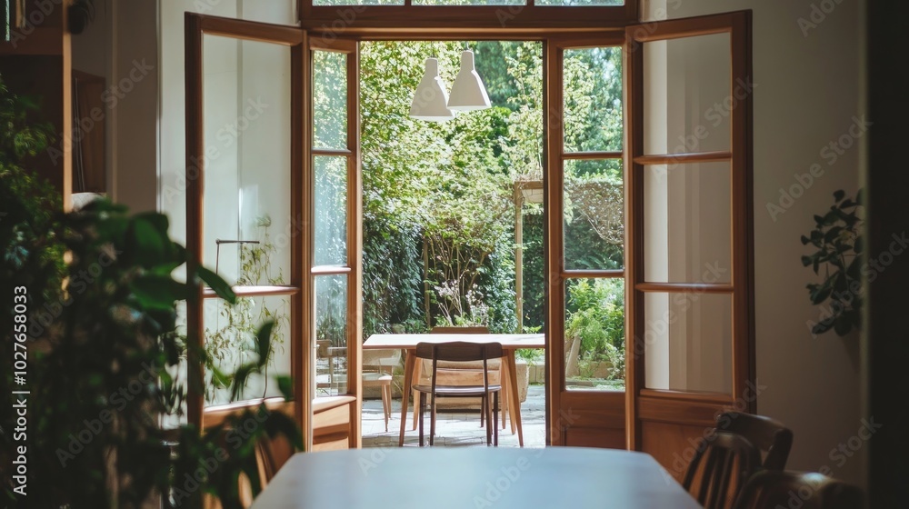 A view of a backyard garden through a set of french doors leading from a dining room. A view of a backyard garden through a set of french doors leading from a dining room.