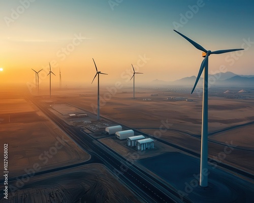 Birdseye view of a carbonneutral industrial zone with wind turbines and energyefficient factories, Ecoindustrial zone, Green manufacturing photo