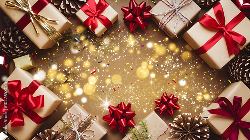 Red and gold Christmas gifts on a sparkling background. 
