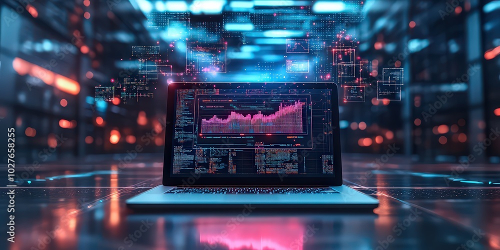 Open laptop with holographic screens projecting above it, displaying interconnected data and charts, symbolizing power of cloud computing and data analytics in modern workspace. Open laptop with holographic screens projecting above it, displaying interconnected data and charts, symbolizing power of cloud computing and data analytics in modern workspace.