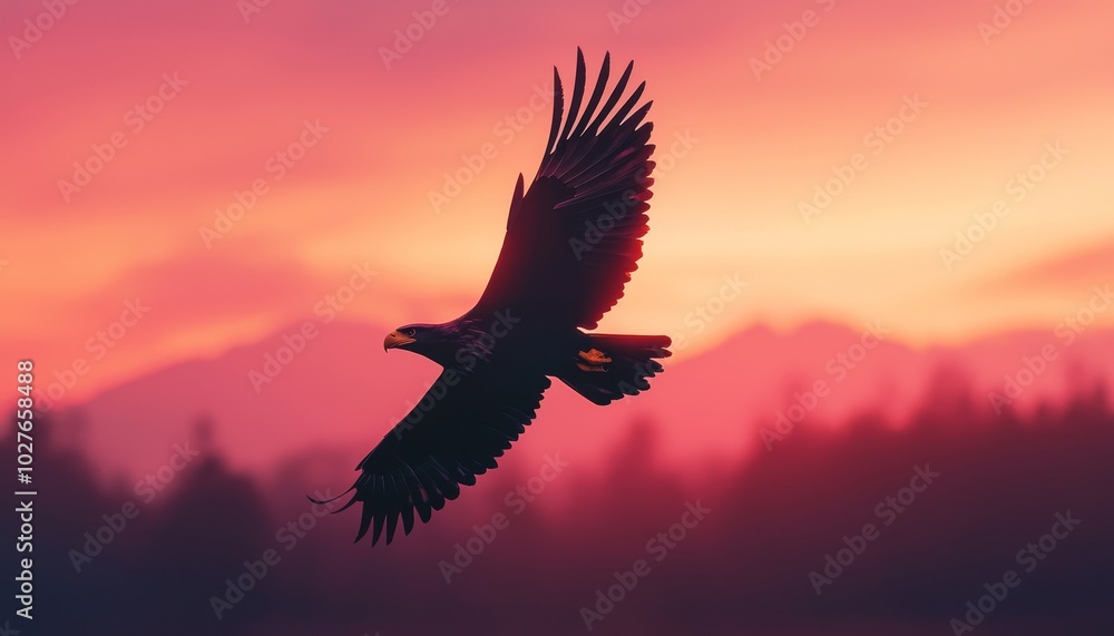 Naklejka premium Eagle soaring against a vibrant sunset sky with mountains in the background.