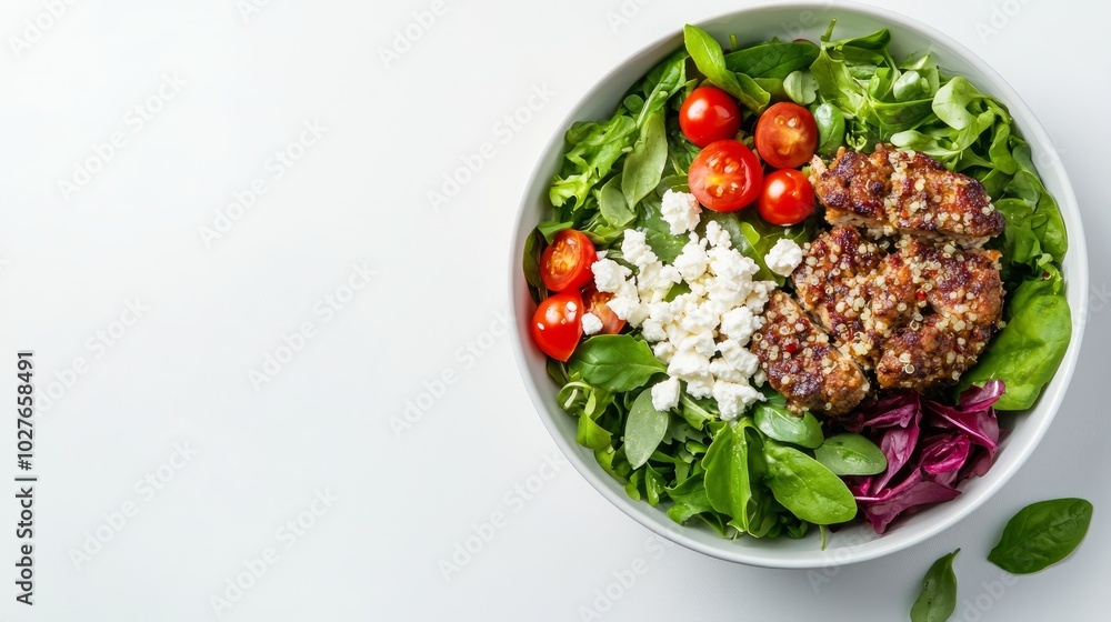 A white bowl with a salad containing various leafy greens, tomatoes, feta cheese, and a patty on a white background. A white bowl with a salad containing various leafy greens, tomatoes, feta cheese, and a patty on a white background.