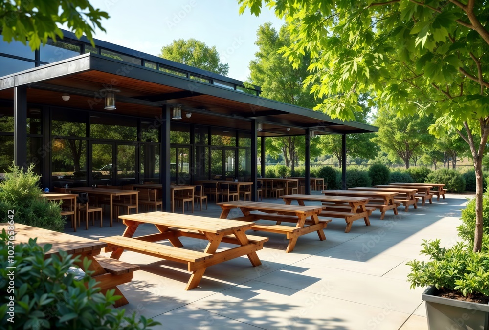 Outdoor Patio. A spacious outdoor patio with wooden picnic tables and a covered seating area under a modern metal roof. Lush greenery surrounds the patio, creating a relaxing atmosphere.