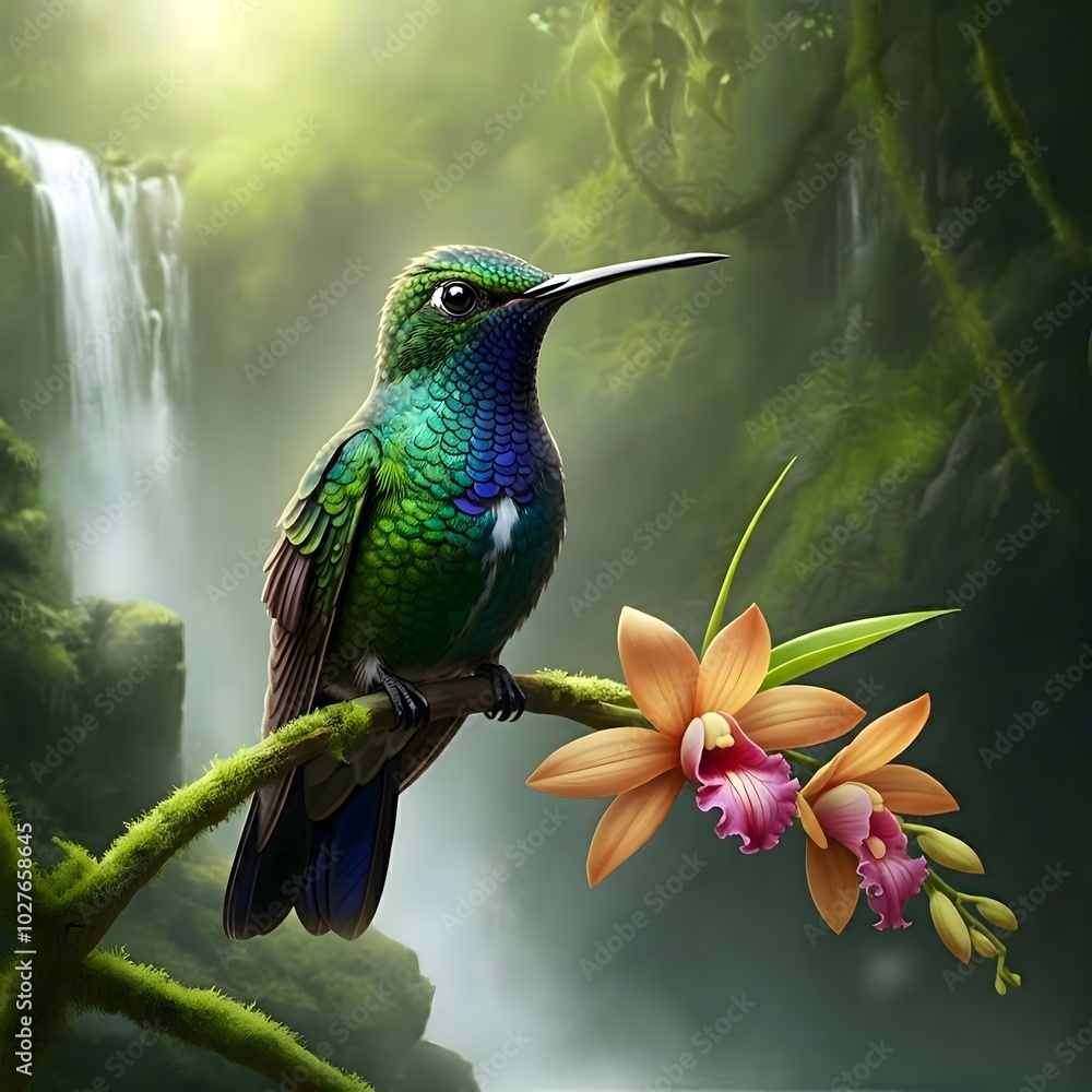 Obraz premium Hummingbird with Orchid in Mystical Waterfall Scene