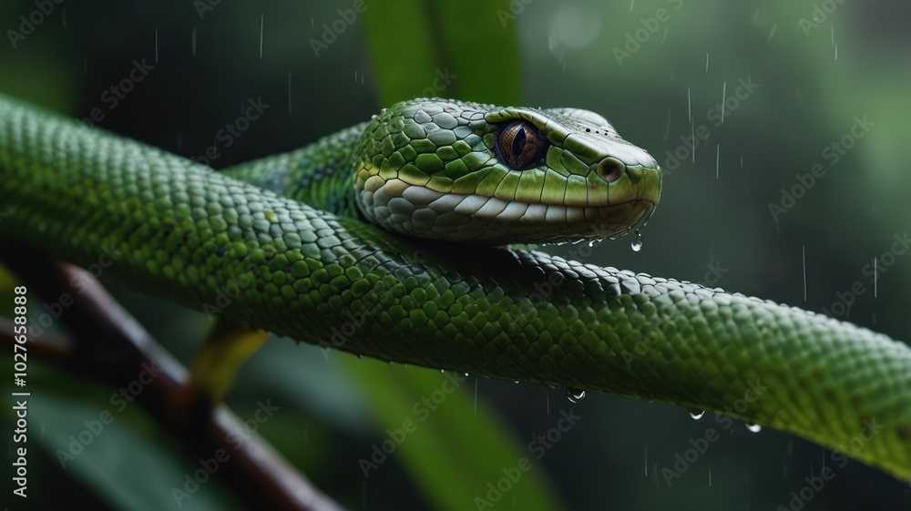 A close-up of a green snake with a yellow eye, perched on a branch in the rain. A close-up of a green snake with a yellow eye, perched on a branch in the rain.