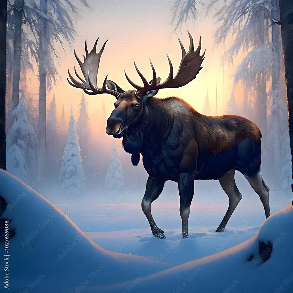 Naklejka premium Majestic Moose in Enchanted Winter Wonderland