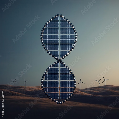 Solar panels and wind turbines forming the DNA helix, symbolizing renewable energys integration into human life, Renewable energy DNA, Ecofuturism photo