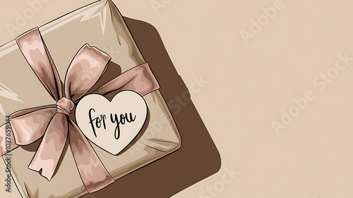 Brown gift box with pink ribbon and heart tag, romantic love gift, Valentine's Day. 
