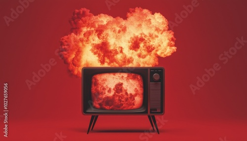 Wallpaper Mural Explosive vintage television set with fire and smoke on a red background. Torontodigital.ca