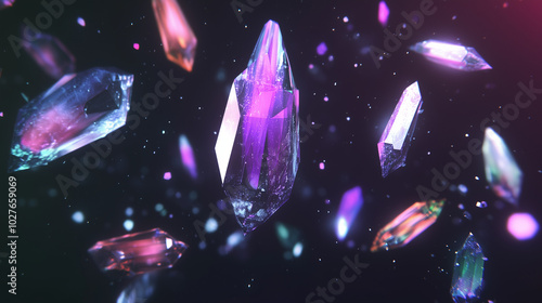 Abstract Floating Crystals In Neon Colors Digital Geometric Gems In Space