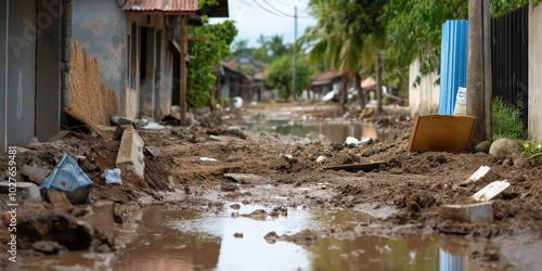 A street is covered in mud and debris following a heavy flood, with visible water and remnants of homes, demonstrating the aftermath of a natural calamity. photo