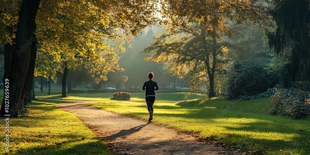Fototapeta premium jogger running through a green park, surrounded by nature.