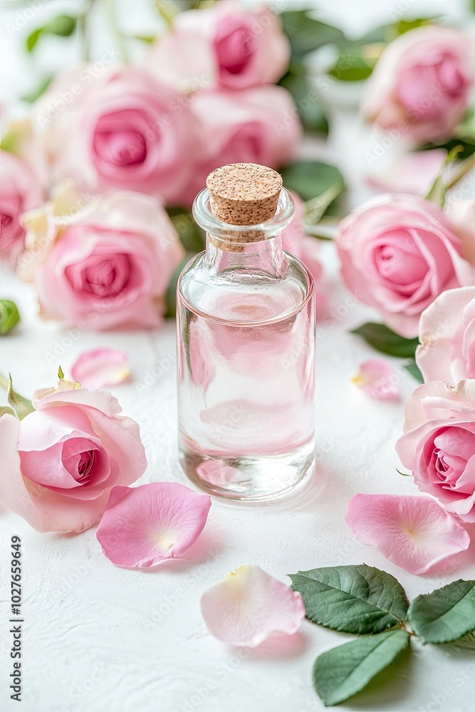 The bottle of rosewater on the white table, surrounded by pink roses and green leaves. Mockup The bottle of rosewater on the white table, surrounded by pink roses and green leaves. Mockup