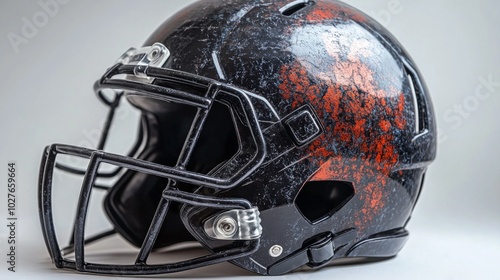 Black and Orange Football Helmet with a Distressed Design photo