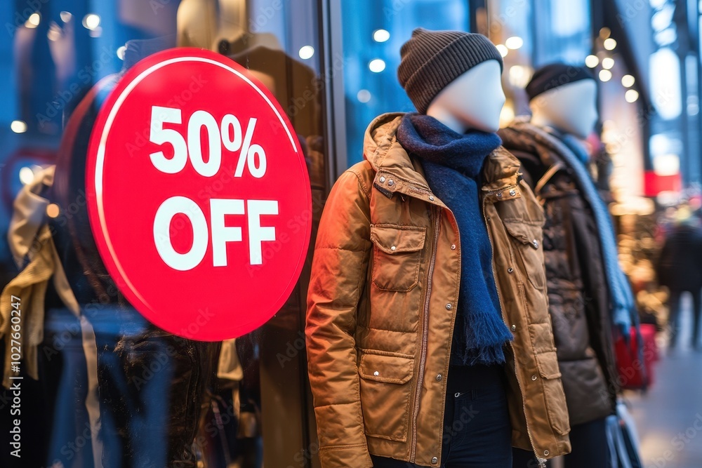 Fototapeta premium Storefront Window Display: A close-up of a beautifully decorated store window showcasing mannequins dressed in trendy outfits with large 