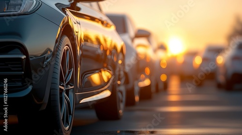 Wallpaper Mural Cars lined up in a parking lot with the sun setting in the background, glowing reflections on sleek vehicles, used car sales or rental concept, soft evening light Torontodigital.ca