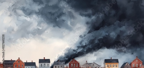 Houses under dark clouds with smoke, illustrating environmental concerns. photo