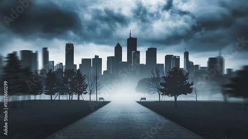 Silhouetted city skyline with grey clouds and a path leading to the urban center, evoking a sense of mystery and anticipation. 
