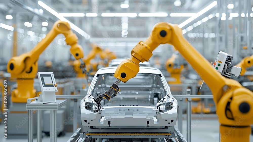 Futuristic car factory with yellow robotic arms working on an assembly line, advanced industrial automation, vehicle production, high-tech automotive engineering Futuristic car factory with yellow robotic arms working on an assembly line, advanced industrial automation, vehicle production, high-tech automotive engineering
