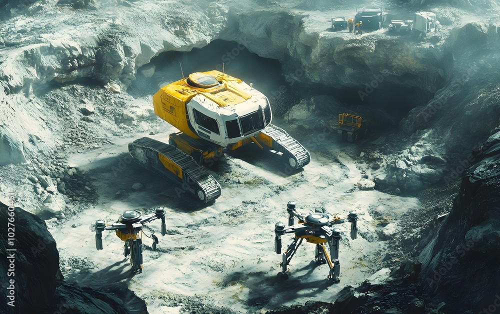 A futuristic robotic mining scene showcasing advanced machinery operating on an extraterrestrial landscape. A futuristic robotic mining scene showcasing advanced machinery operating on an extraterrestrial landscape.