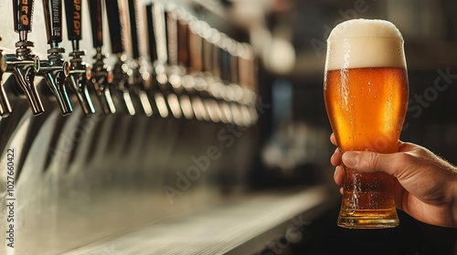 Freshly poured beer in a bartender's hand, lined taps in the background, amber liquid with foam, bar counter scene, beer lover s dream, detailed close-up photo