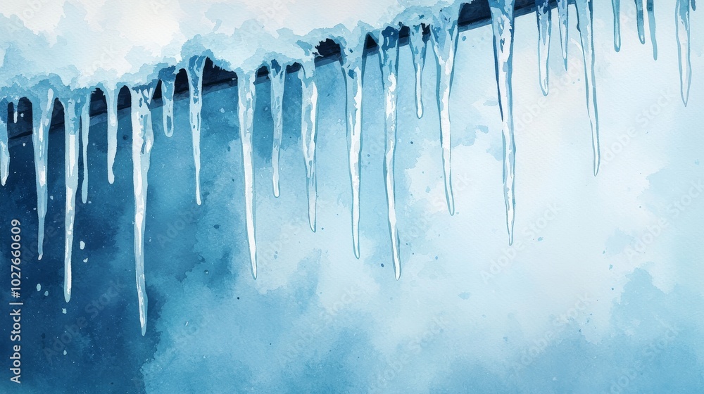 Icicles hanging from a roof, against a blue sky background. Icicles hanging from a roof, against a blue sky background.