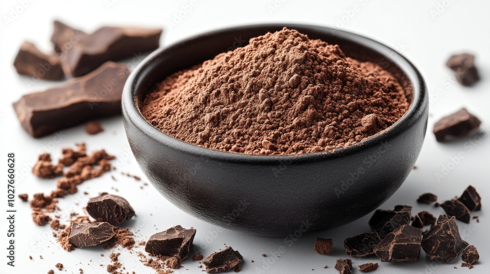 Cocoa Powder and Chocolate Pieces in a Bowl Cocoa Powder and Chocolate Pieces in a Bowl