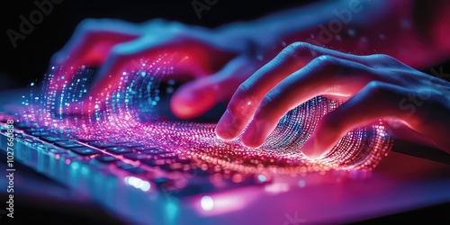  Hands typing on a glowing, futuristic keyboard, with vibrant, digital streams of light flowing from the keys, symbolizing technology, coding, and innovation. photo